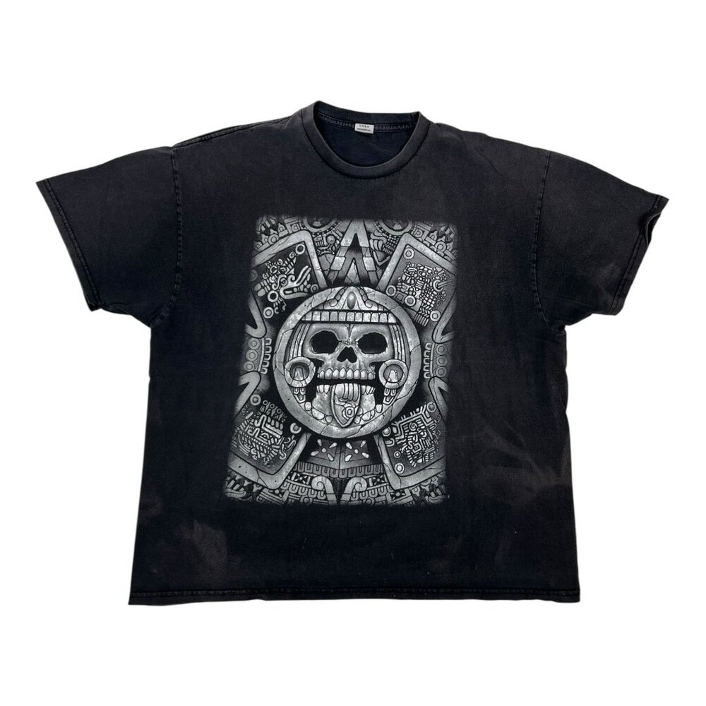 Vintage Aztec Calendar Skull T-Shirt Size 2XL Y2K Chicano Grunge Sun Faded
